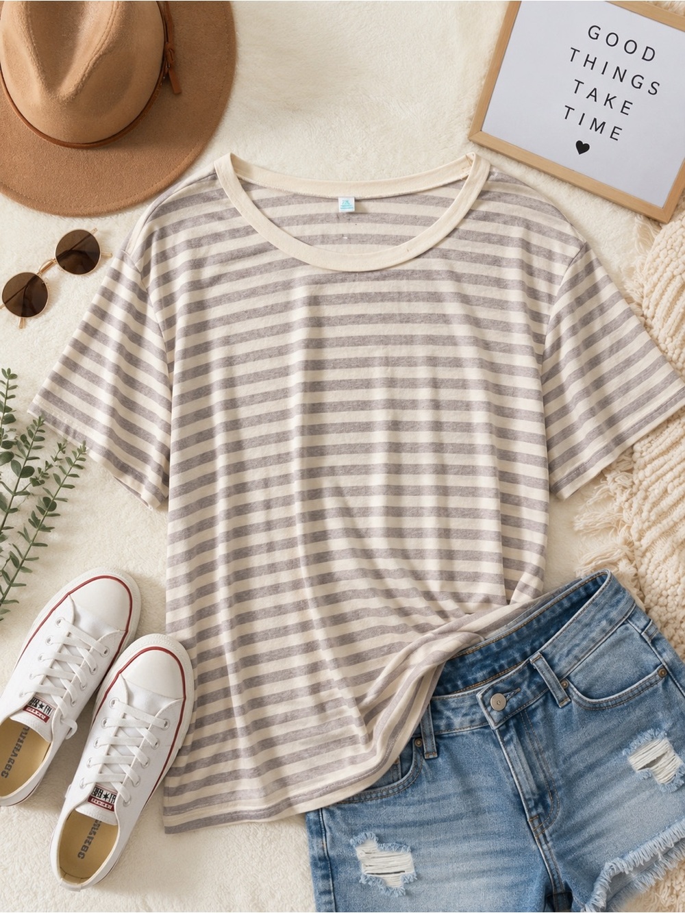 LuLaRoe Striped Short-Sleeve Crop Top in Cream & Taupe
